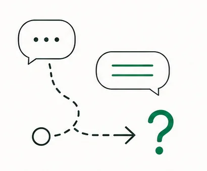 始め方がわからない：チャットの吹き出しから点線が伸びて「？」に行き着くイラスト