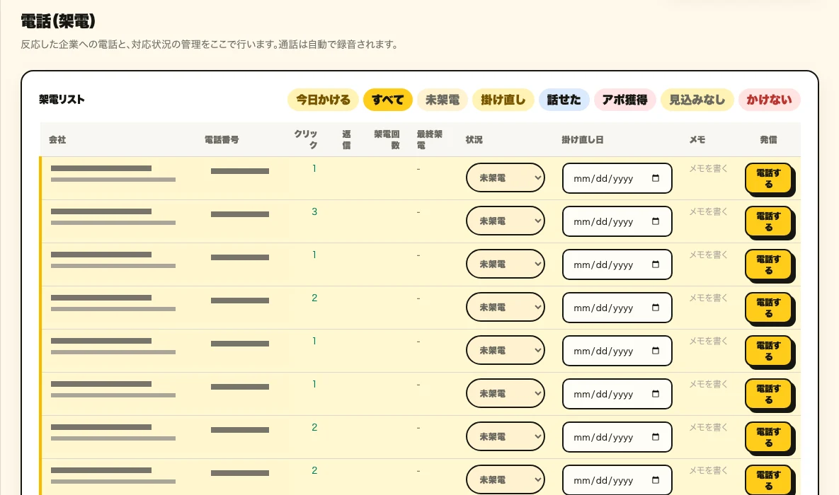 やめる営業の架電リスト画面。反応した企業が電話番号つきで一覧になり、状況、掛け直し日、メモを記録できる