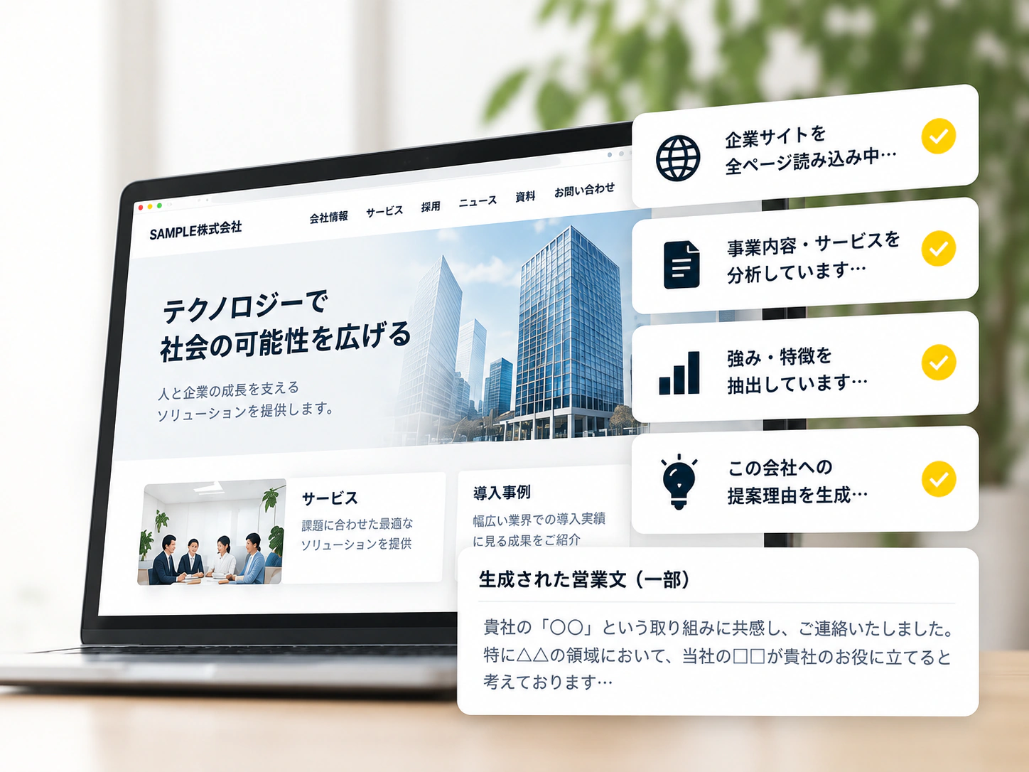 企業サイト全ページの読み込み、事業内容・サービスの分析、強み・特徴の抽出を経て、提案理由と営業文を生成する図解
